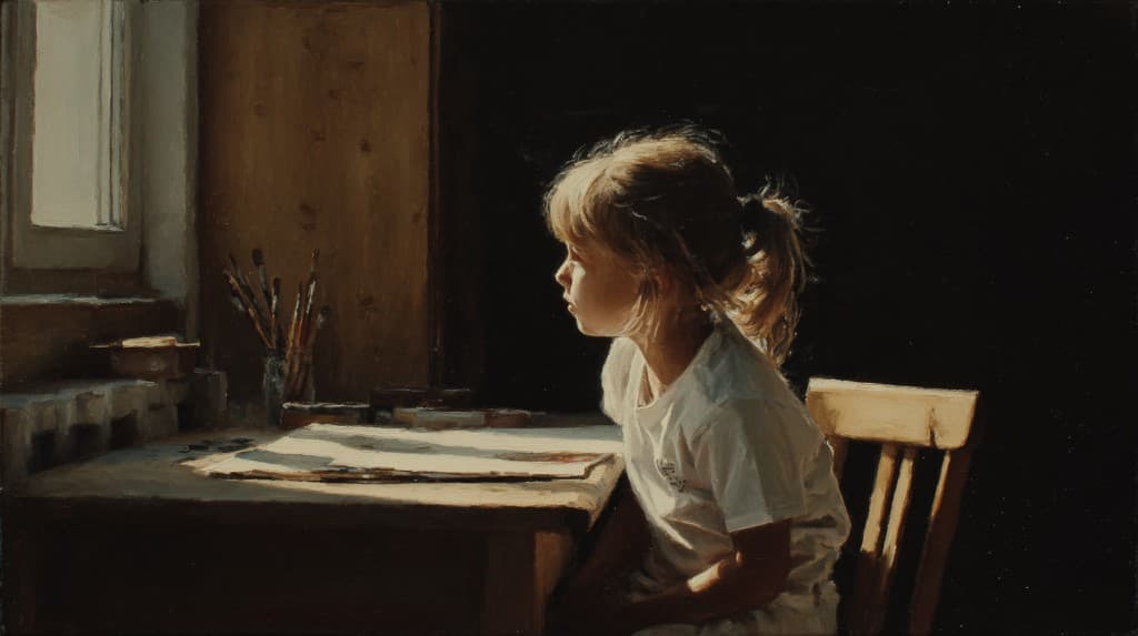 A child lost in thought at a studio worktable, warm light and art supplies