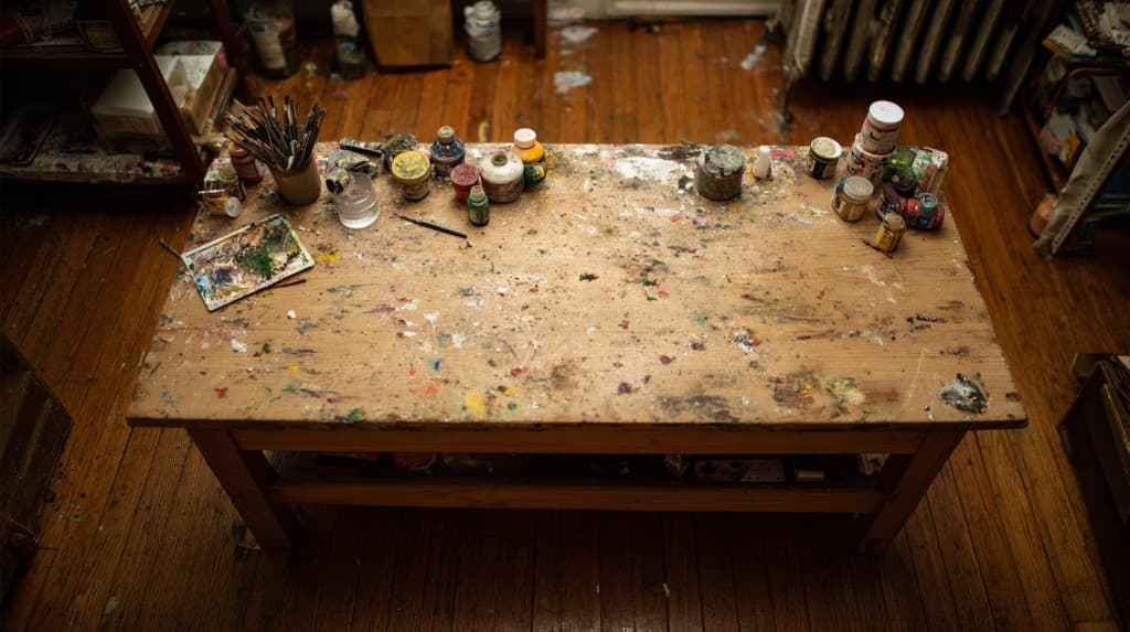 Overhead view of a well-used art worktable with paint jars, brushes, and splattered wood